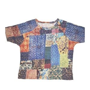 Peruvian Connection Shirt Womens Sz M Multicolor Patchwork 100% Cotton Tee Boho